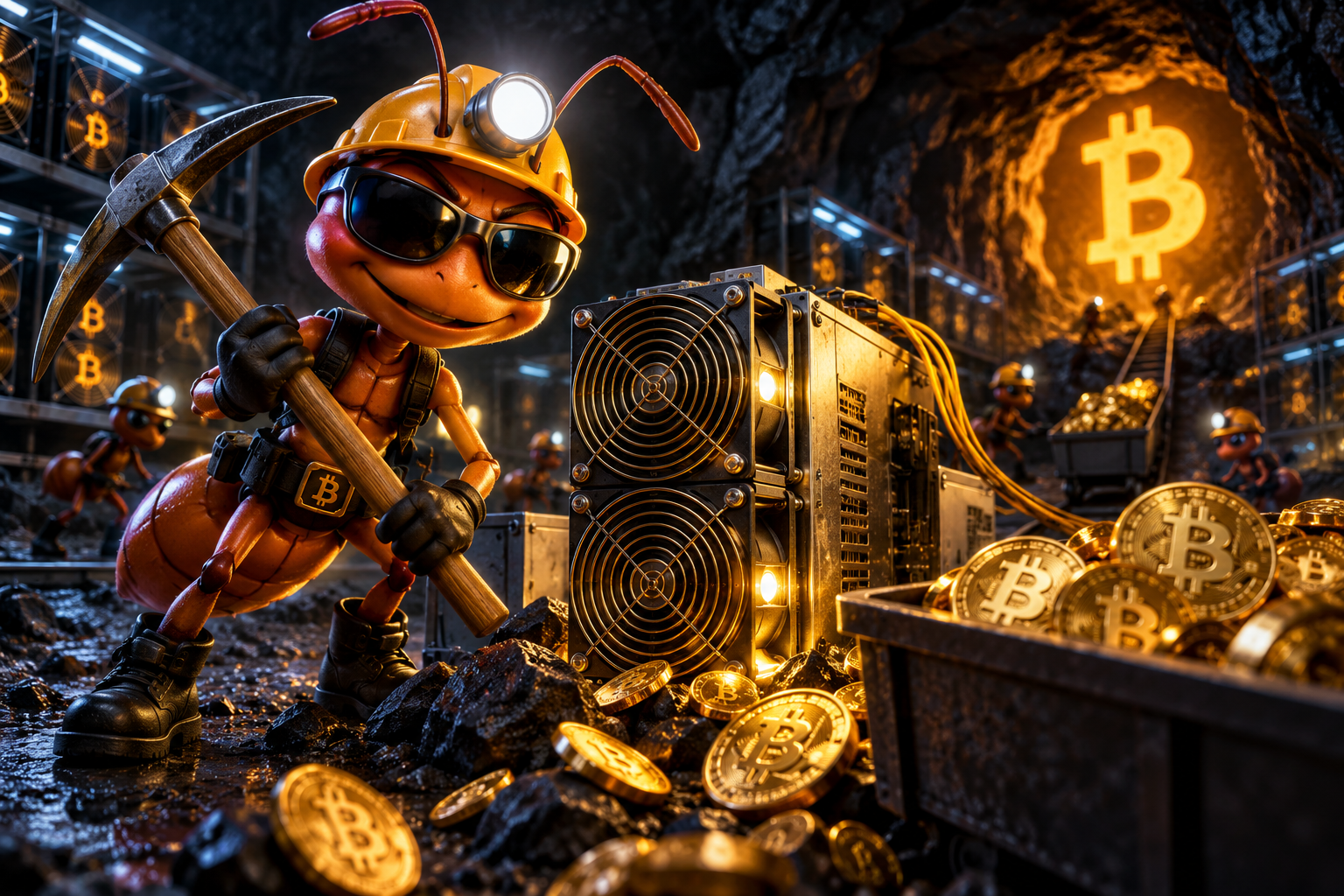 ANTMINER mascot ant wearing a hard hat and holding a pickaxe next to a Bitcoin mining rig in a glowing underground cave